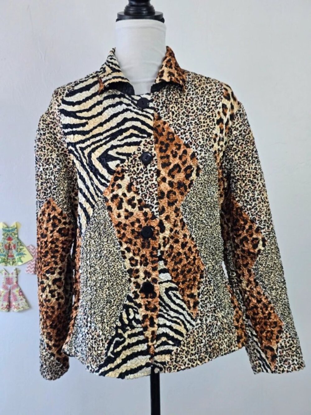 Analogy Mixed Animal Prints / Black Crinkled Reversible Button Down Jacket